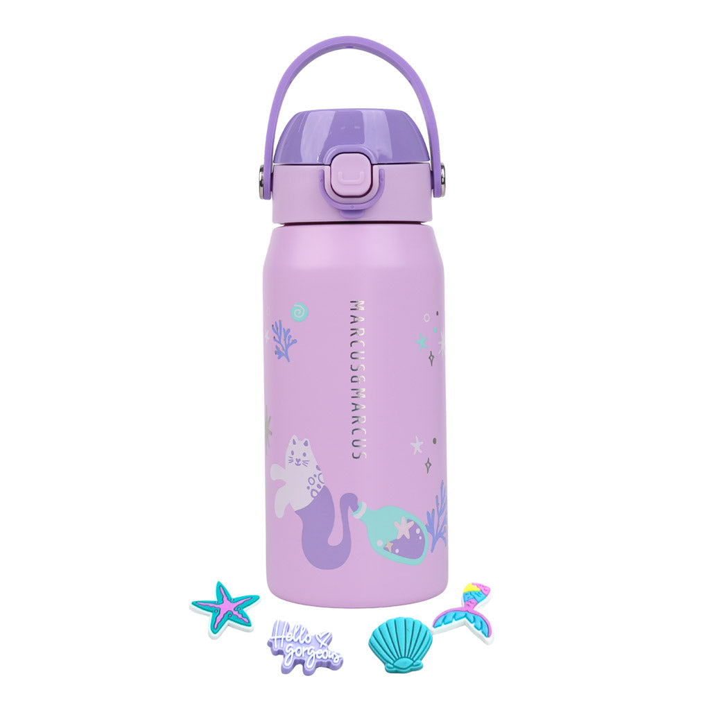 Marcus & Marcus CharmPoP 550ml purple insulated drink bottle featuring mermaid design and charms