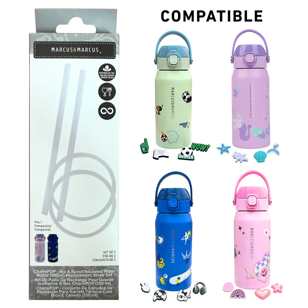 Replacement straw set retail package with compatible bottle at side