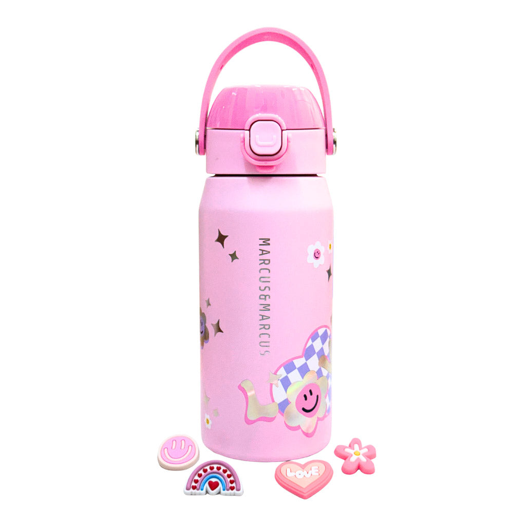 Marcus & Marcus CharmPoP 550ml pink insulated water bottle for school with heart and flower charms