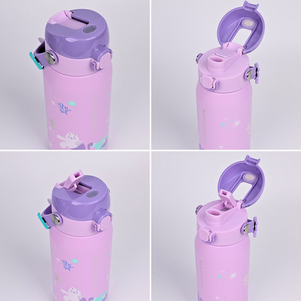 Four-way view showing the dual sip flip straw and push-button open spout mechanism on the CharmPoP lid
