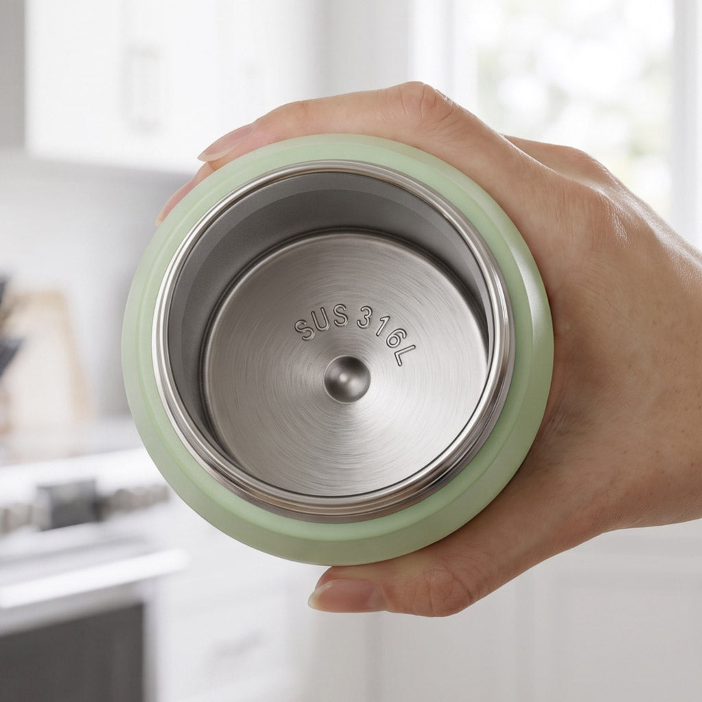 Top-down interior view of Marcus & Marcus CharmPoP bottle showing SUS 316L medical-grade stainless steel stamp