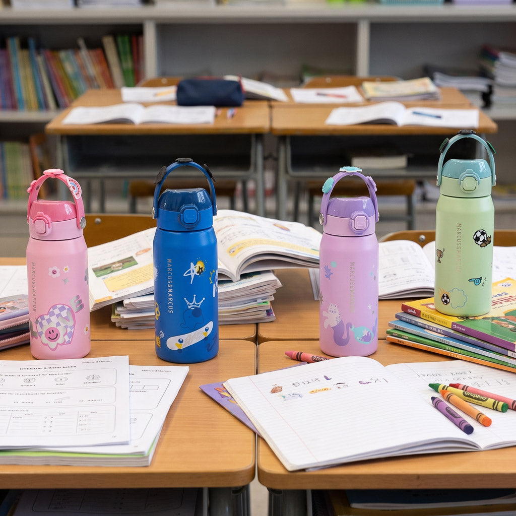 Blue, pink, purple, and green Marcus & Marcus CharmPoP water bottles lined up on a school desk