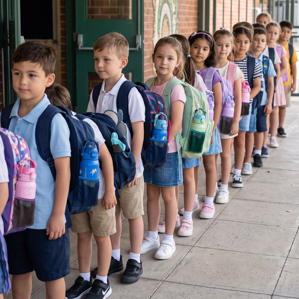 Line of school children standing outdoors with Marcus & Marcus CharmPoP water bottles packed in backpack side pockets