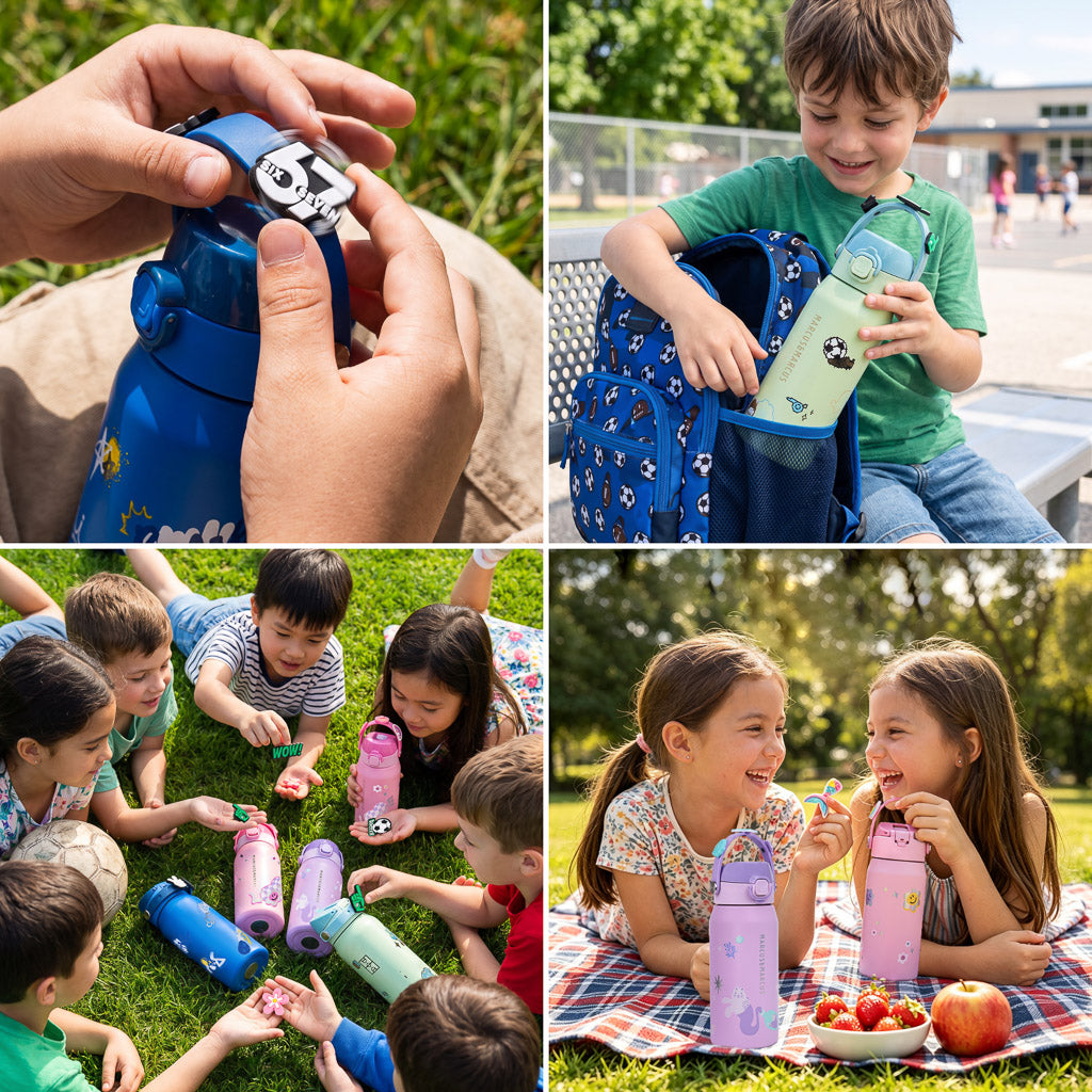 Four-panel collage showing kids attaching charms to the silicone handle, packing the CharmPoP bottle into a backpack, playing on the grass, and drinking during a picnic outdoors