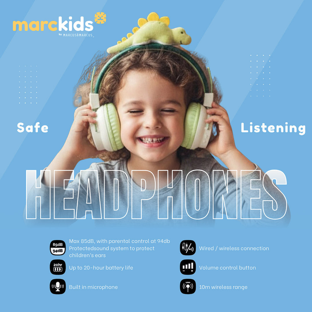 Little girl listening to music using marckids protected sound headphones